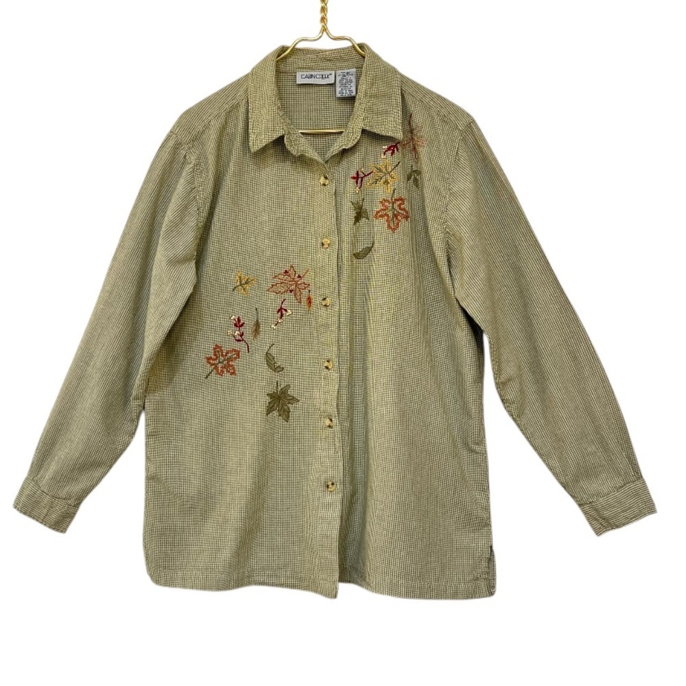 Vintage Cabin Creek Embroidered Fall Leaves Green Checkered Button Down Shirt - Picture 2 of 11